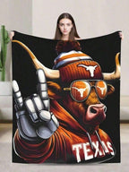 Texas Longhorn Mascot Soft Flannel Blanket - Comfortable And Warm, Suitable For Sofas, Beds, Offices, And Travel, A Gift For College Football Fans, Featuring A Design With Sunglasses And A Hat, Perfect For Game Days Or Everyday Use