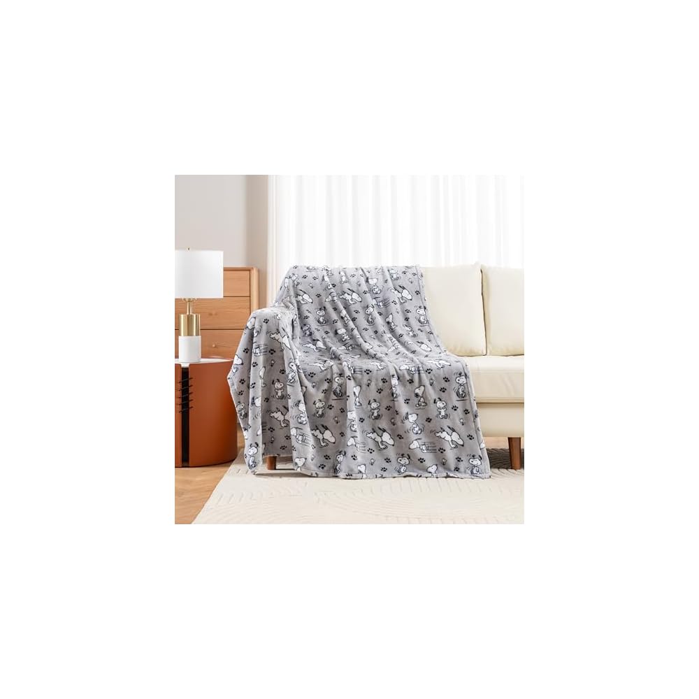 Peanuts® VelvetLoft® Cute Character Snoopy Plush Throw Blanket,Peanuts Poses and Paws Grey,Throw 55 in x 70 in (Official Peanuts® Product)