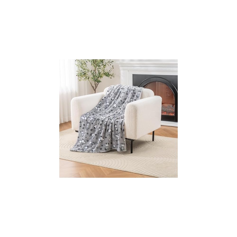 Peanuts® VelvetLoft® Cute Character Snoopy Plush Throw Blanket,Peanuts Poses and Paws Grey,Throw 55 in x 70 in (Official Peanuts® Product)