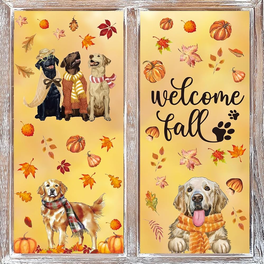 74Pcs Fall Thanksgiving Window Clings, Dog Pumpkin